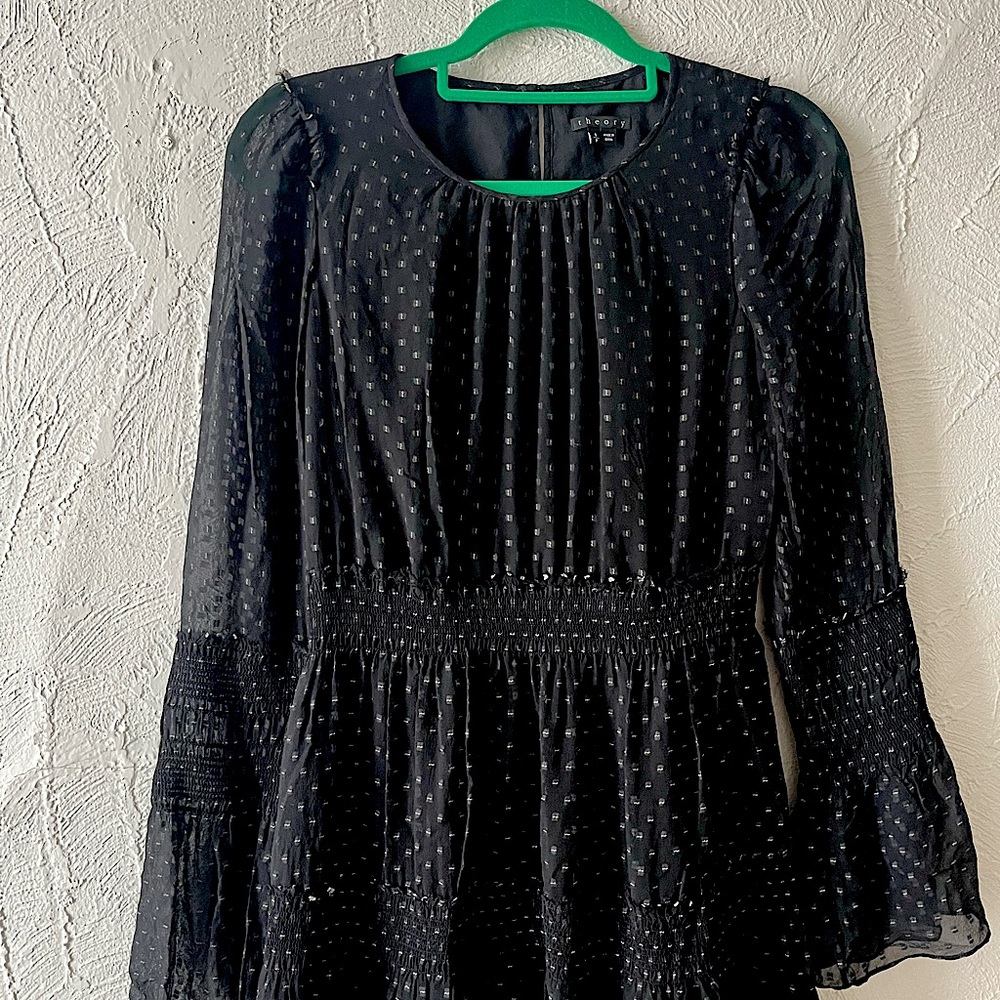 Theory Black and White Shirred Ruffle Long Sleeve Short Dress